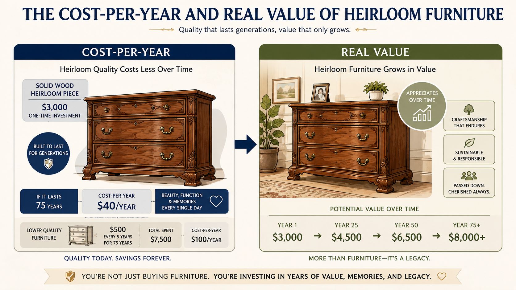 An infographic comparing the long-term cost and value appreciation of solid wood heirloom furniture versus cheaper alternatives.