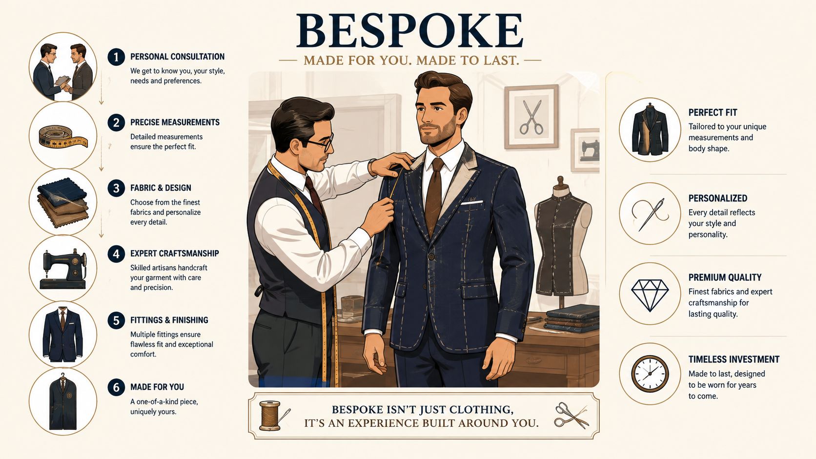 An infographic detailing the bespoke suit tailoring process, featuring a tailor measuring a client in a workshop.