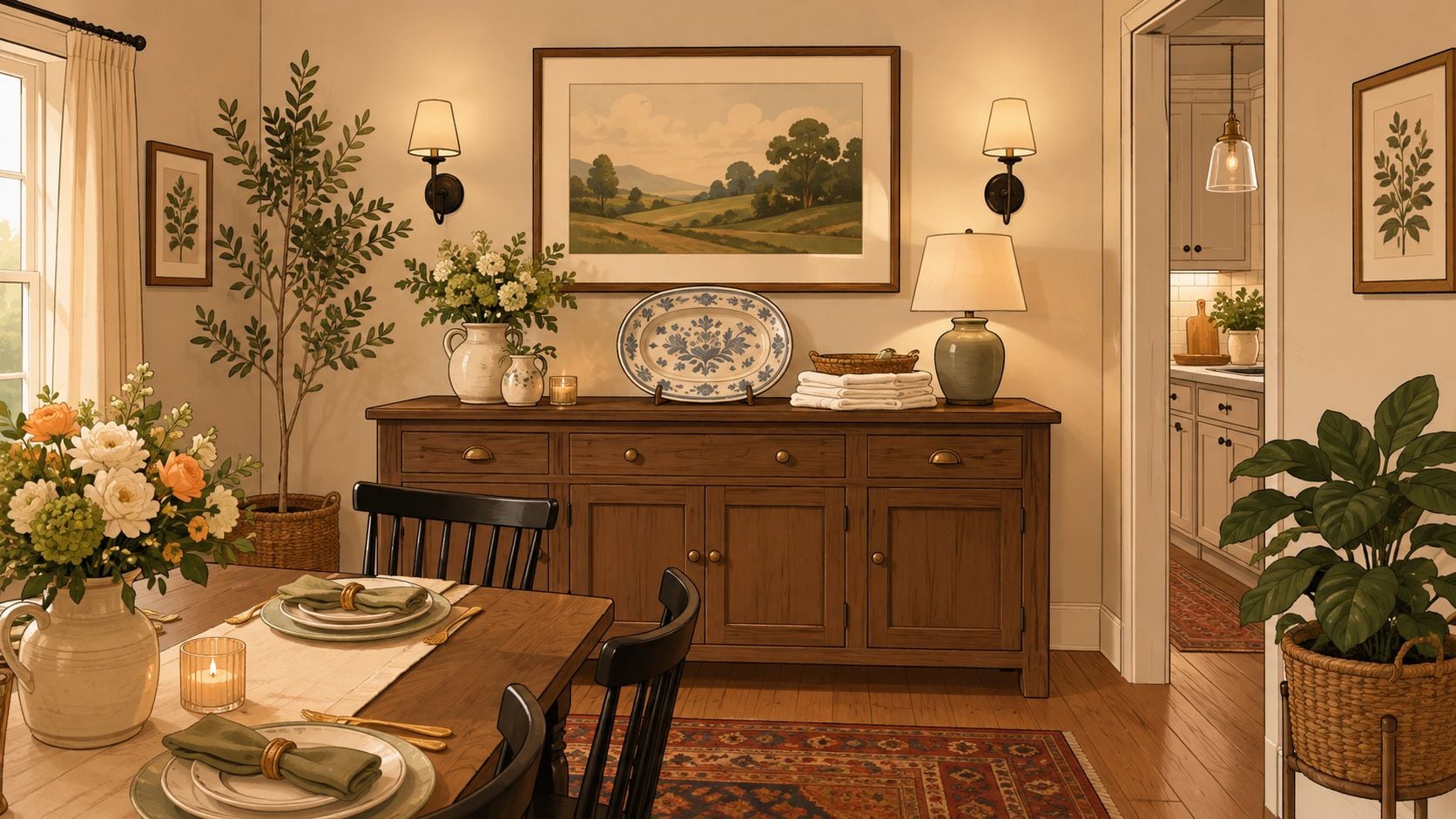 A warm, cozy dining room featuring a wooden buffet server decorated with pottery, towels, and a landscape painting.