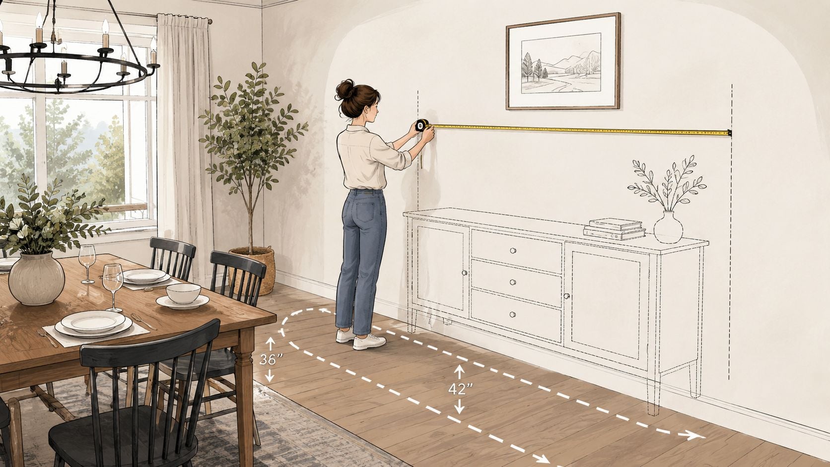 A woman measuring a wall in a dining room to place a buffet and server sideboard.