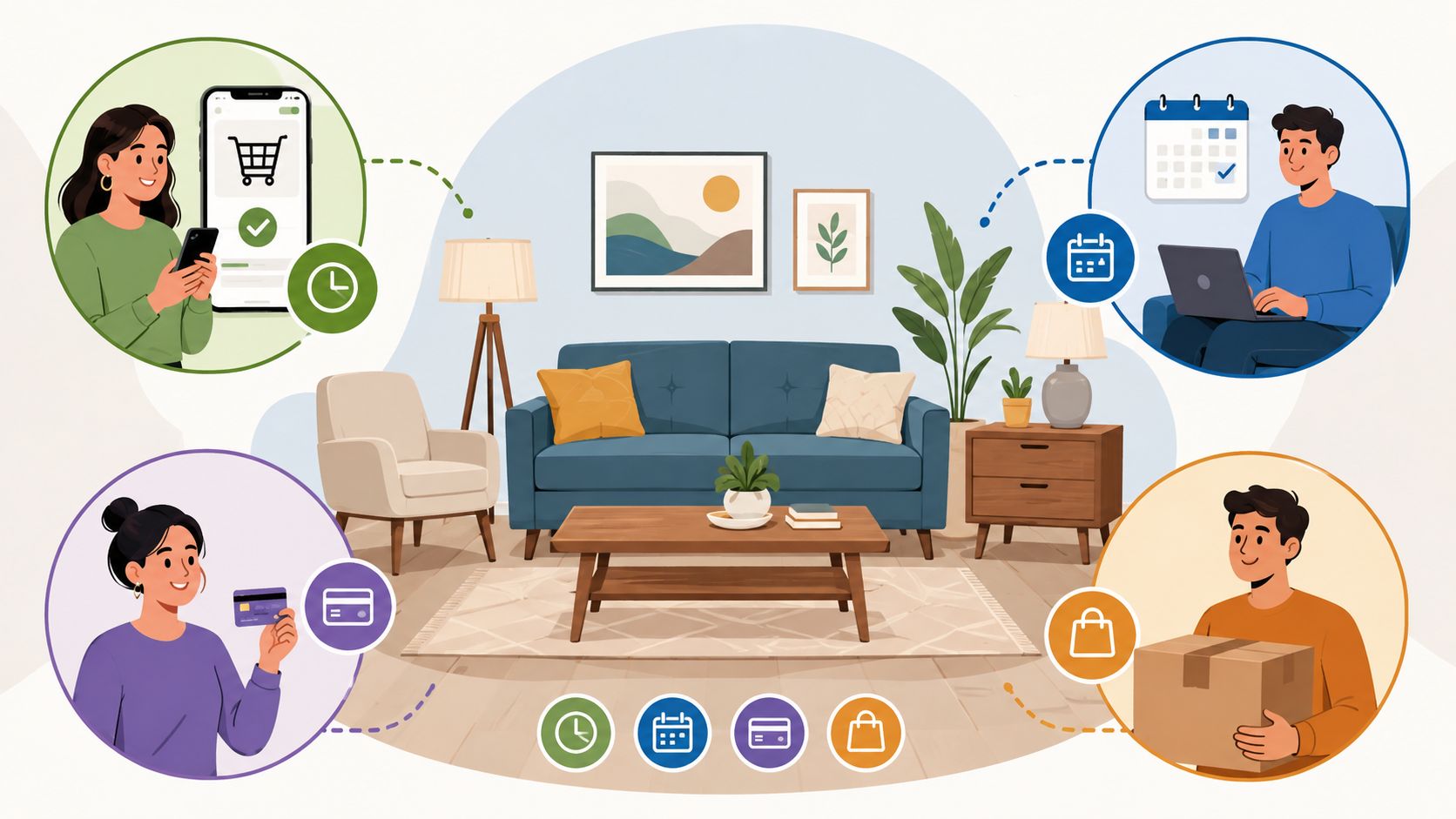 A digital illustration showing the process of buying furniture online using a buy now pay later service.