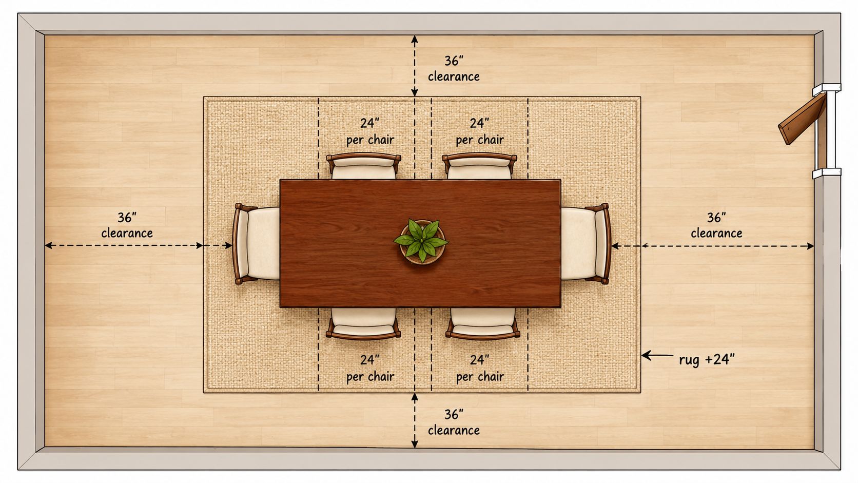 A top-down floor plan diagram illustrating recommended dimensions and clearance space for a dining table set.