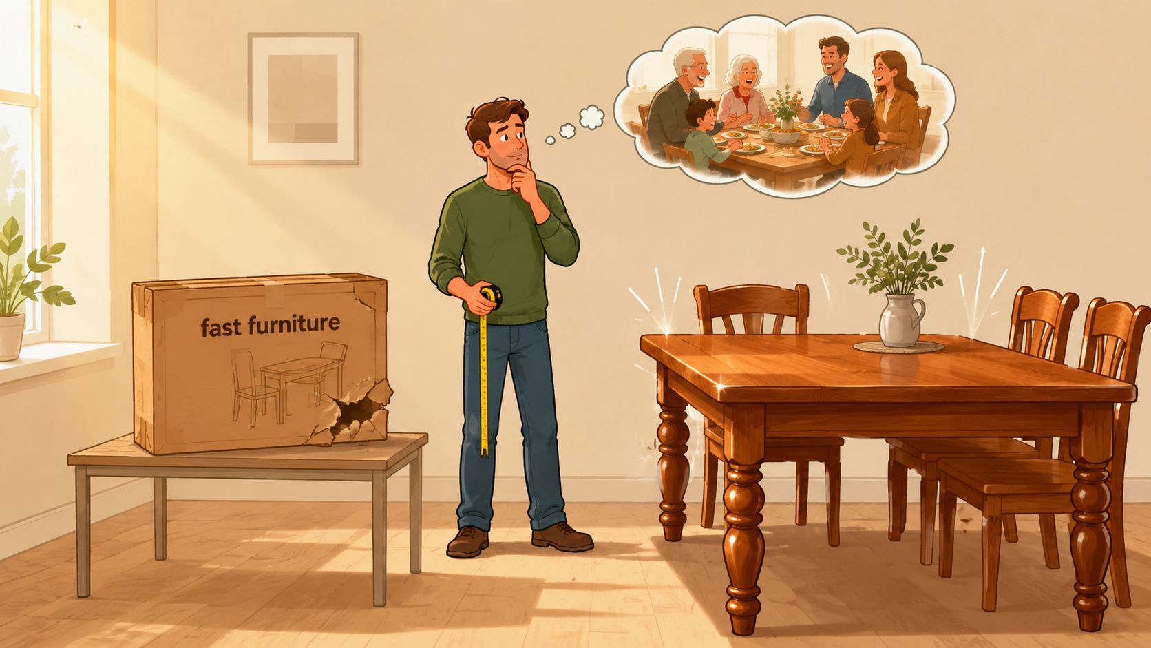 A man measuring space near his wooden dining room table while imagining a happy family dinner scene.