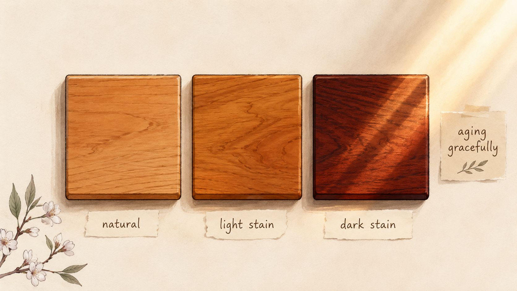 Three wooden sample squares showing natural, light stain, and dark stain finishes on cherry wood.