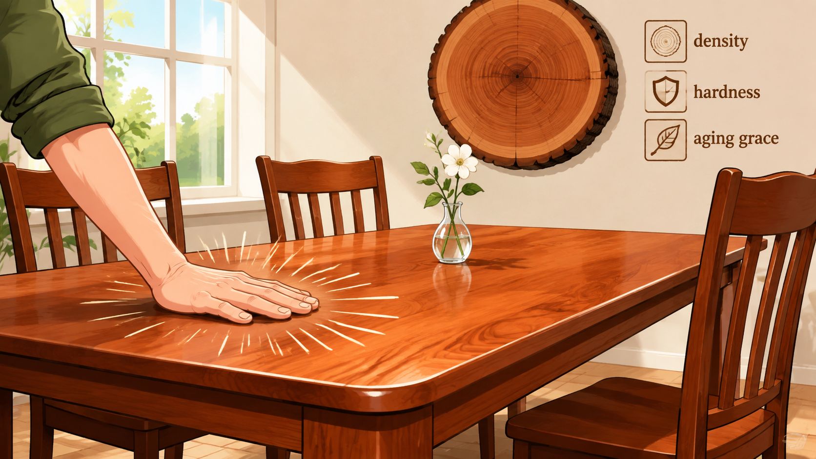 A hand rests on a smooth, polished wooden dining table highlighting its durability and high-quality craftsmanship.