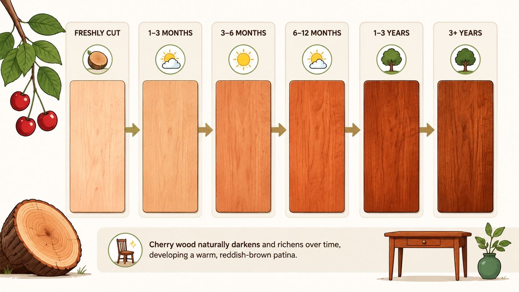 A visual guide showing how raw cherry wood naturally darkens and develops a rich reddish-brown patina over time.