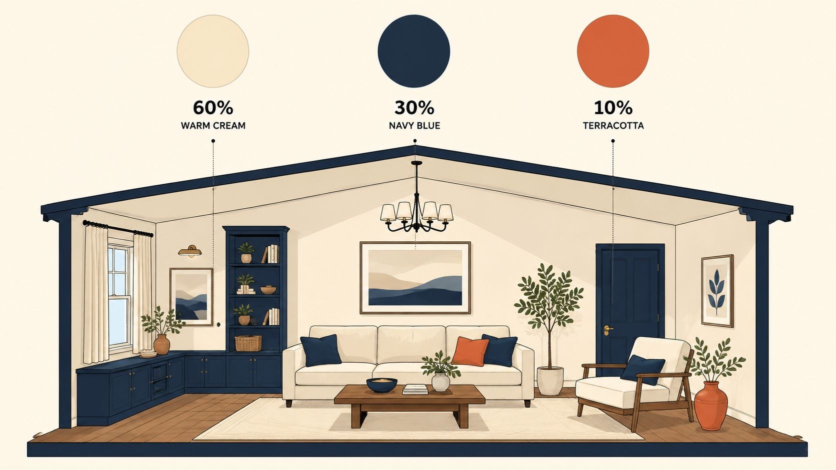 An illustration showing a coordinated living room design featuring a 60-30-10 color scheme with cream, navy, and terracotta.