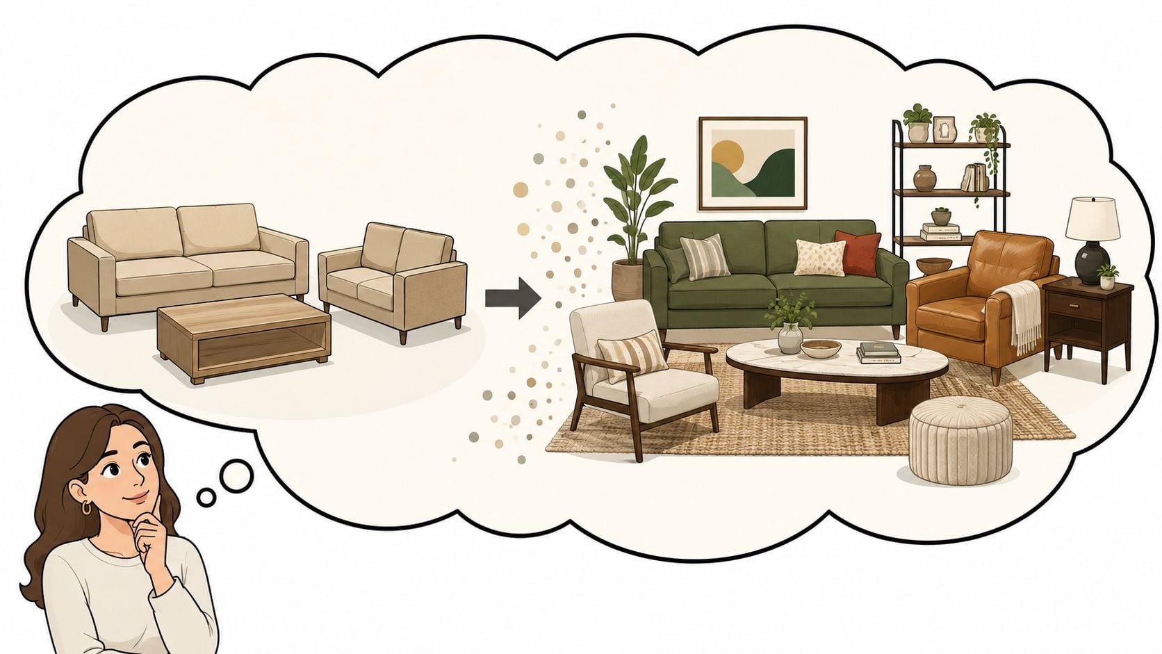 An illustrated woman imagining a room transformation from beige furniture to a stylish, decorated living space.