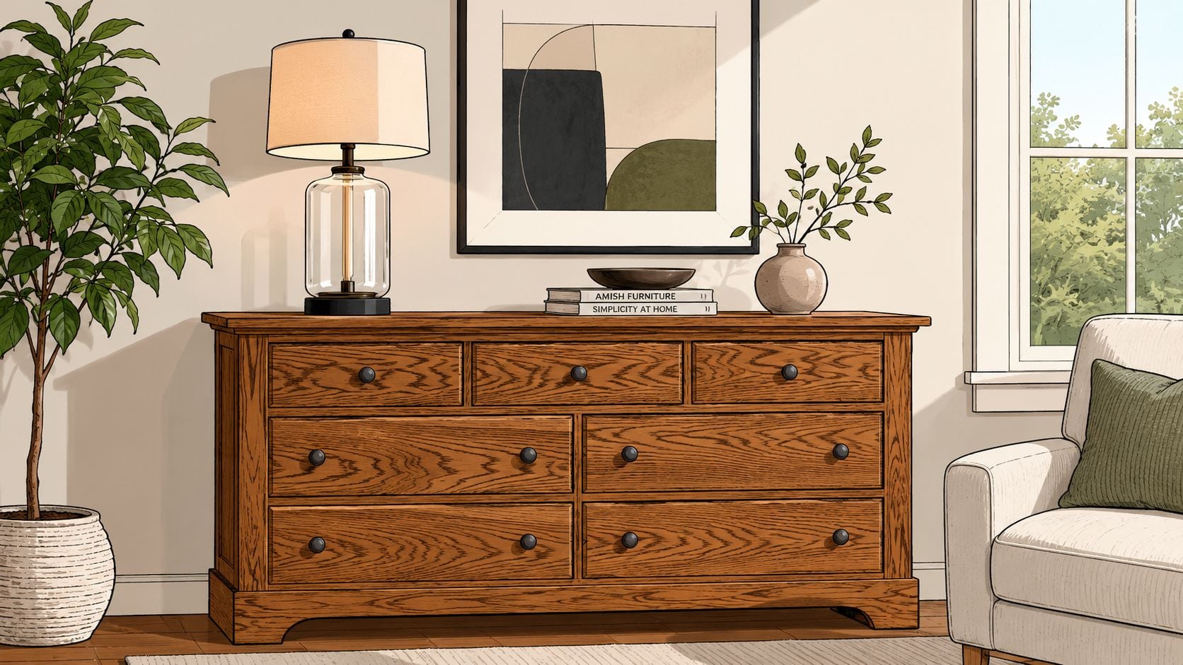 A rustic wooden dresser sits against a neutral wall with a lamp and decor in a living room.