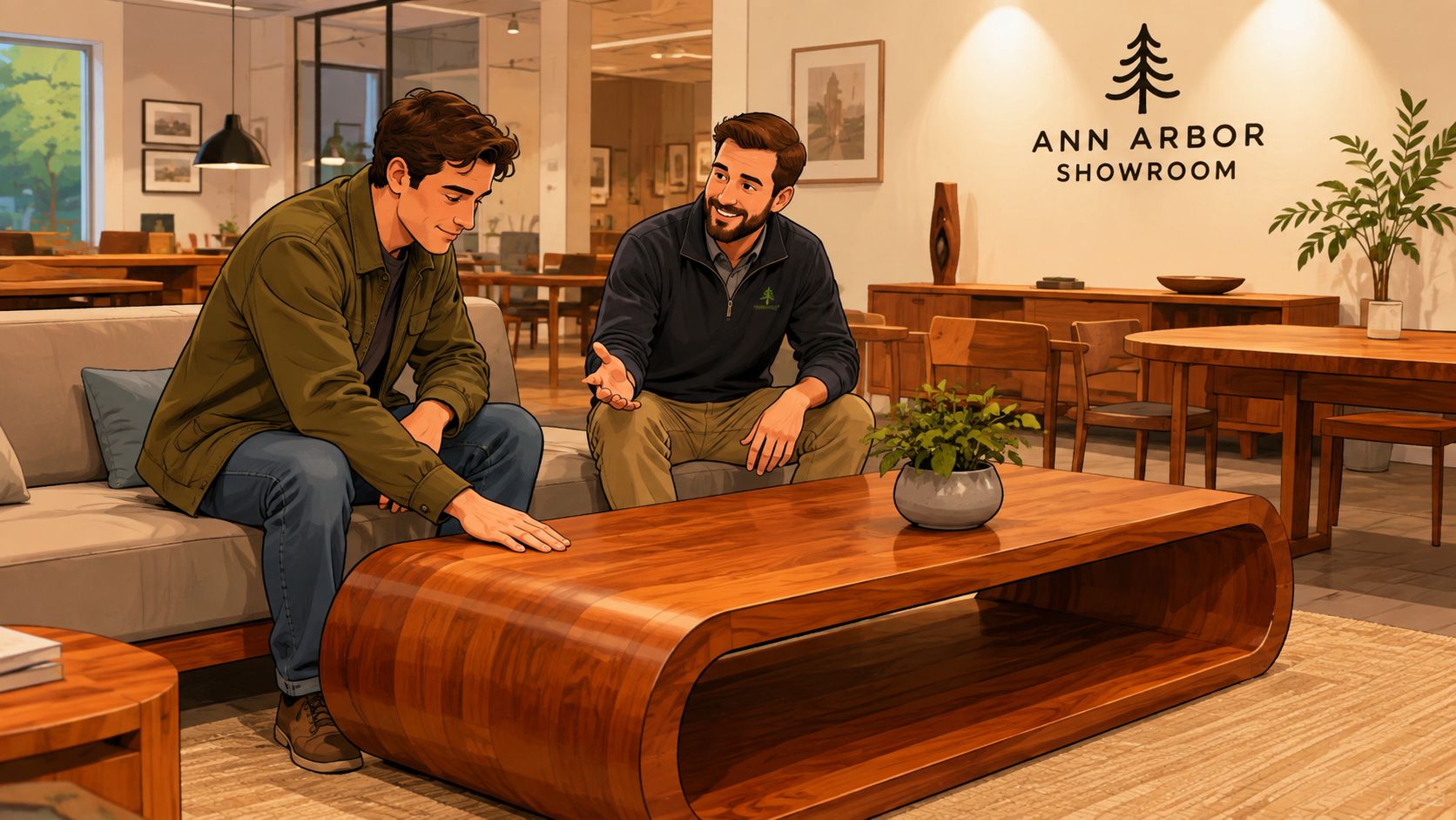 A salesman talks to a customer about a modern curved wood coffee table in a showroom.