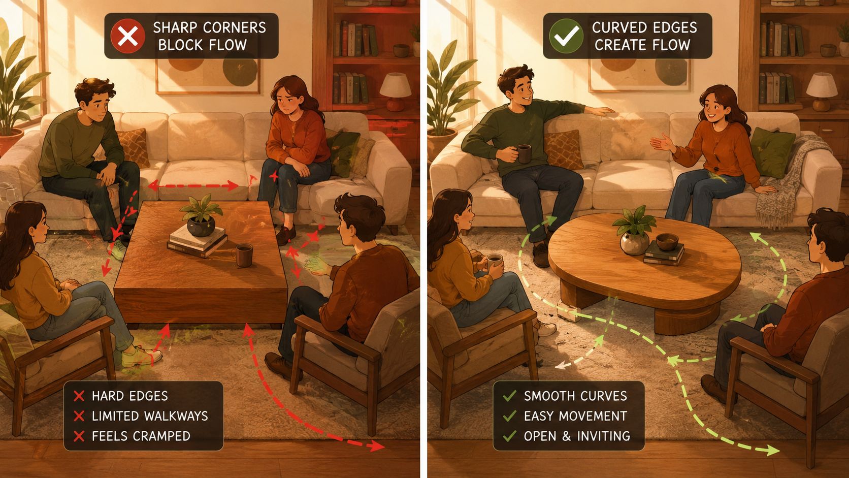 A side-by-side comparison showing how a curved wood coffee table improves room flow compared to square tables.