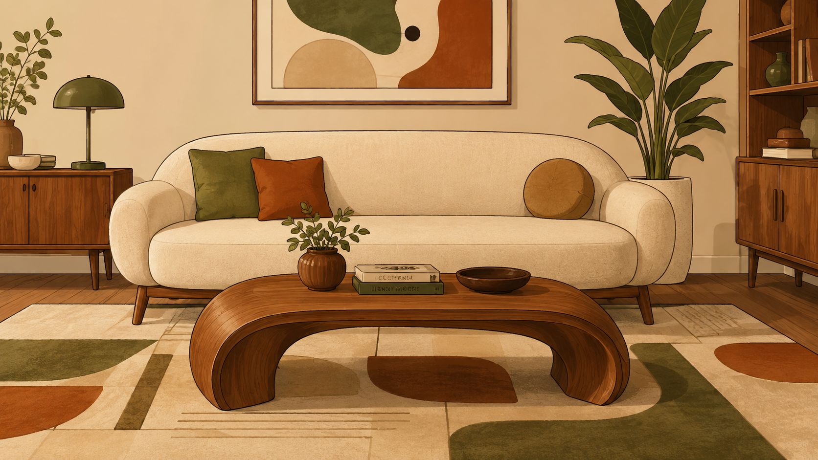 A cozy living room featuring a modern curved wood coffee table, beige sofa, and abstract decor.