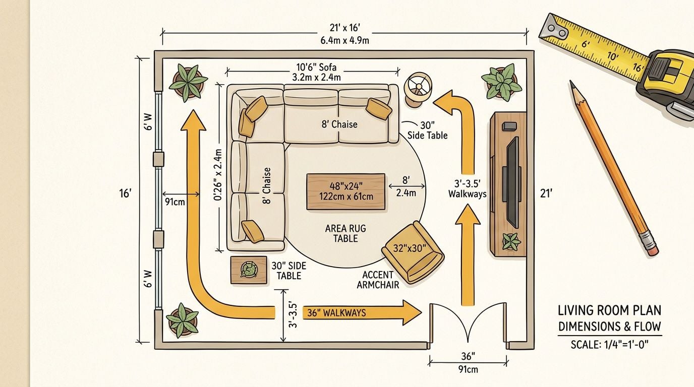 A top-down floor plan of a living room layout featuring a custom sectional sofa and coffee table.