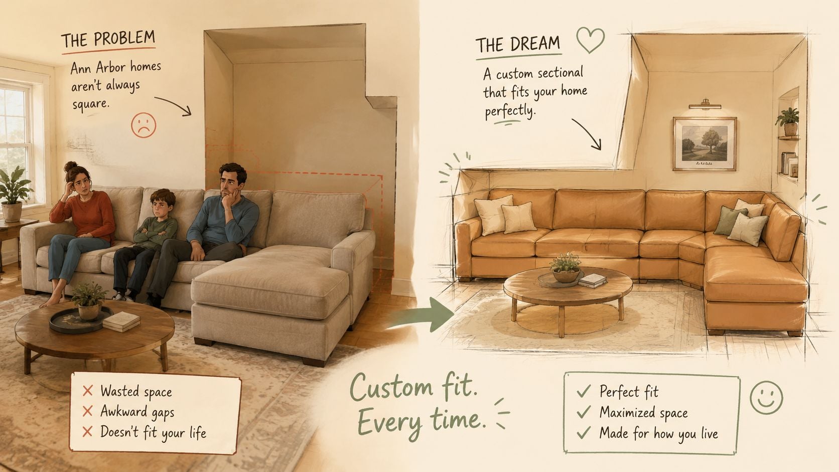 A split image showing a poorly fitted sofa in a room versus a perfectly custom sectional sofa.