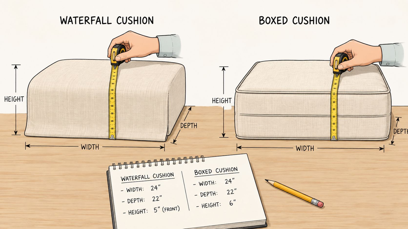 A diagram comparing waterfall and boxed cushions with labels for width, depth, and height measurements.
