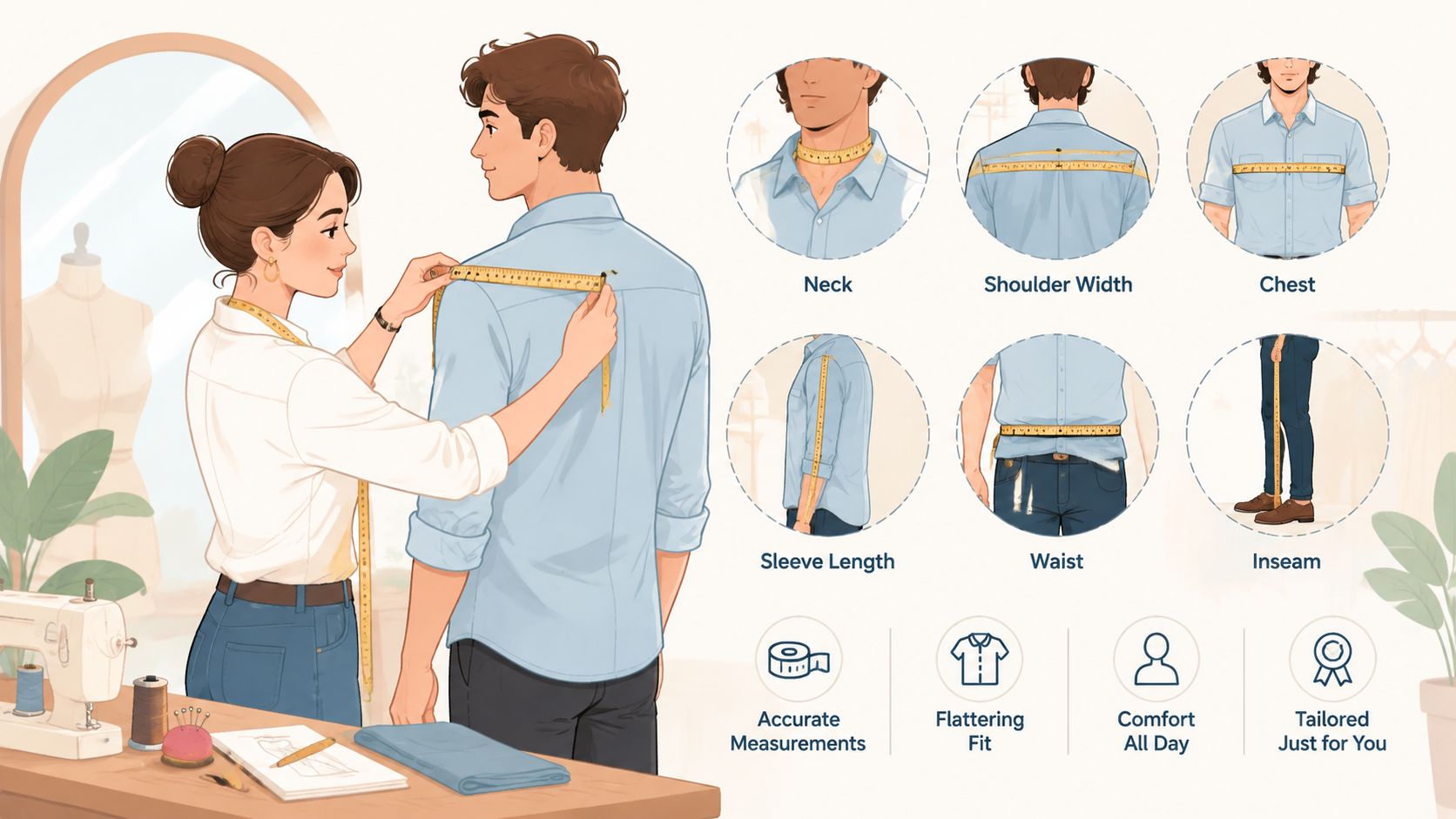 A tailor measuring a man's shoulder width with a tape measure, featuring various clothing measurement guides.