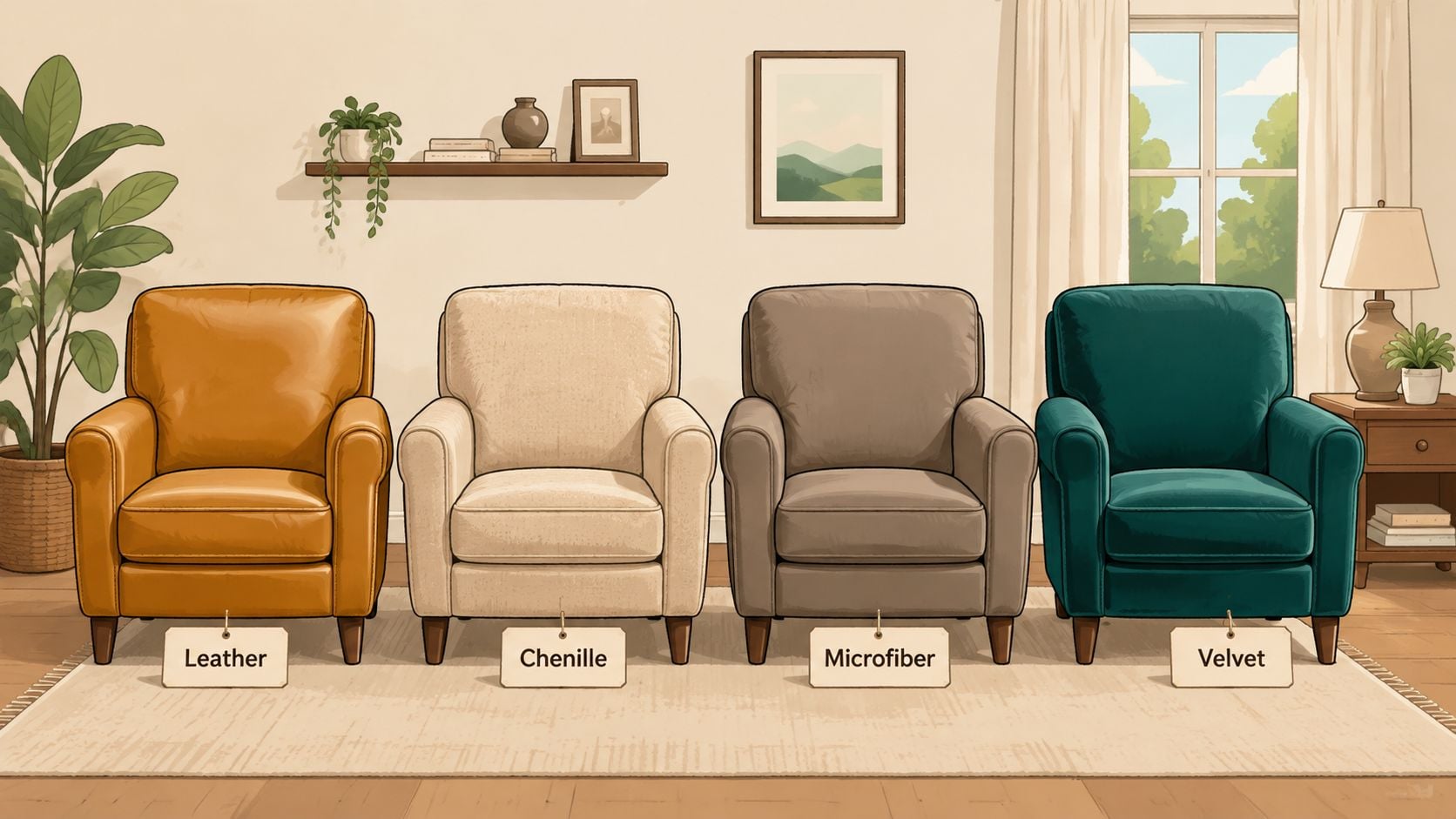 Four armchairs in different upholstery materials, including leather, chenille, microfiber, and velvet, displayed in a living room.