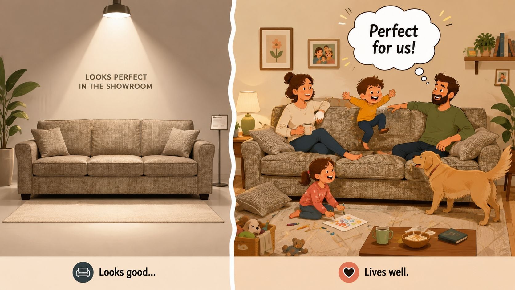 A split-screen comparison showing a clean showroom sofa versus the same sofa in a busy family home.
