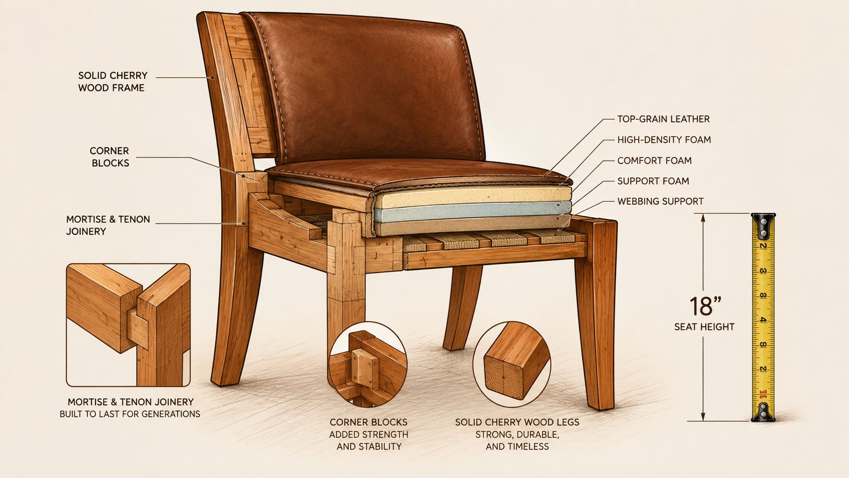 A detailed technical illustration showing the construction and components of a high-quality leather dining chair.
