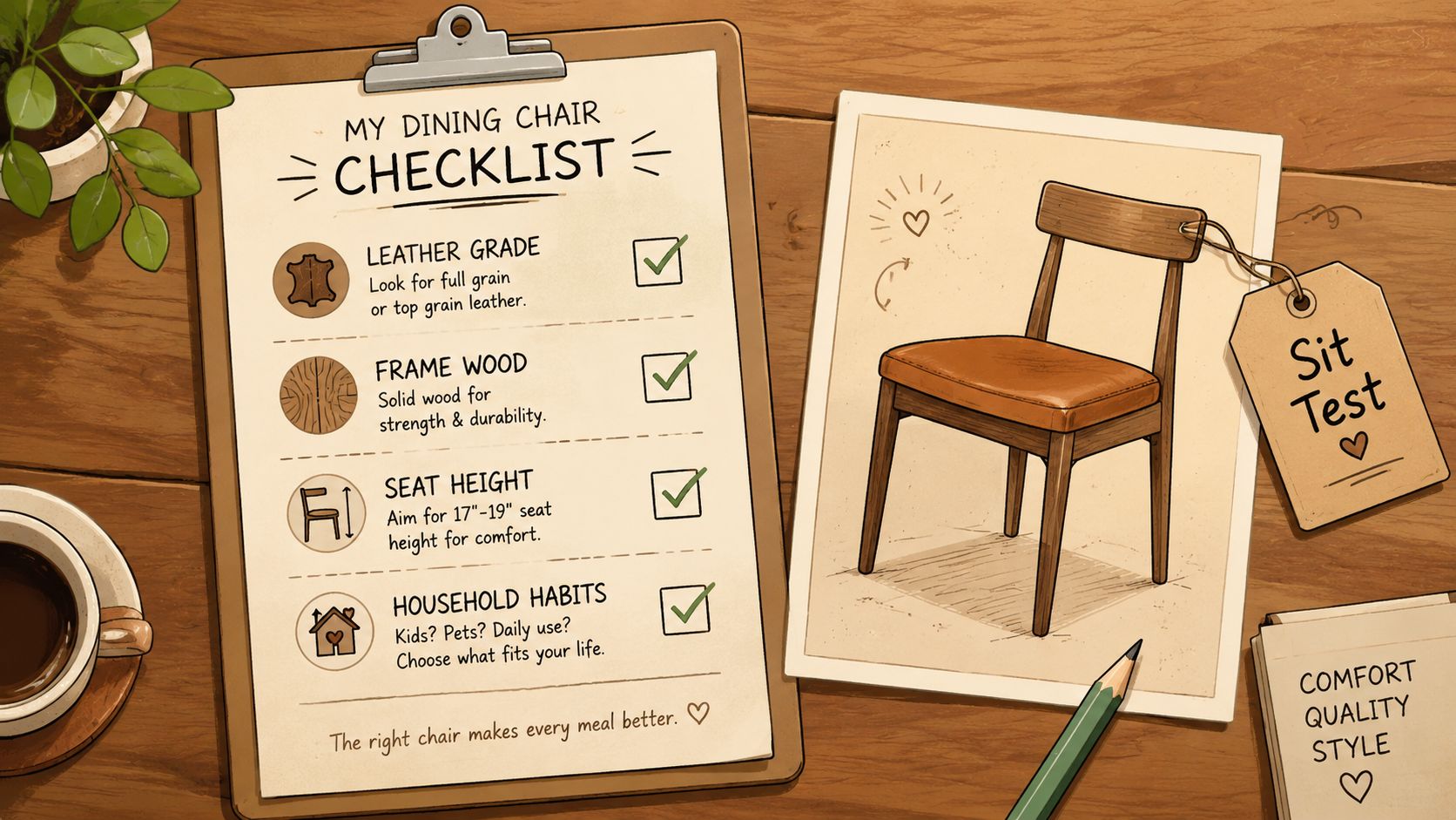 A checklist for selecting dining room chairs with leather seats, resting on a wooden table beside a sketch.