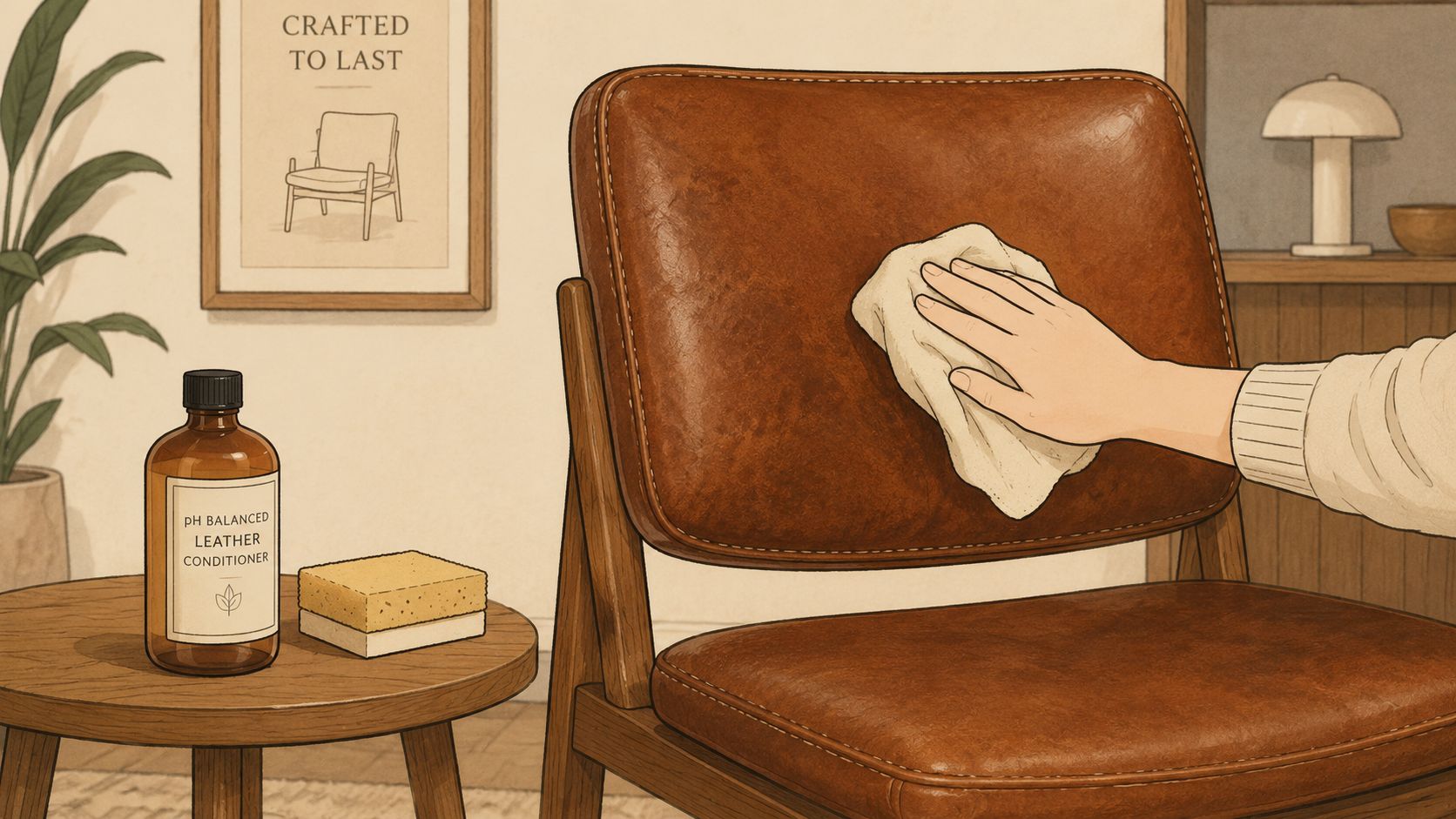 A hand cleans a brown leather chair back with a cloth next to leather conditioner on a table.