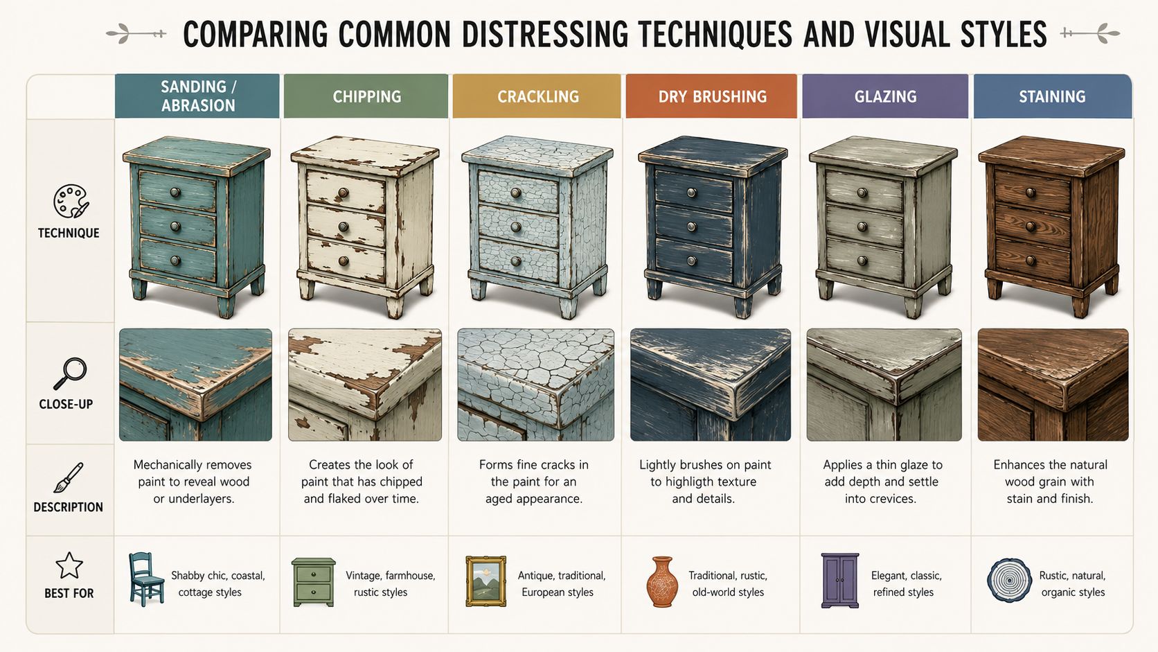 A comparison chart showing six common furniture distressing techniques, their visual effects, descriptions, and recommended interior design styles.