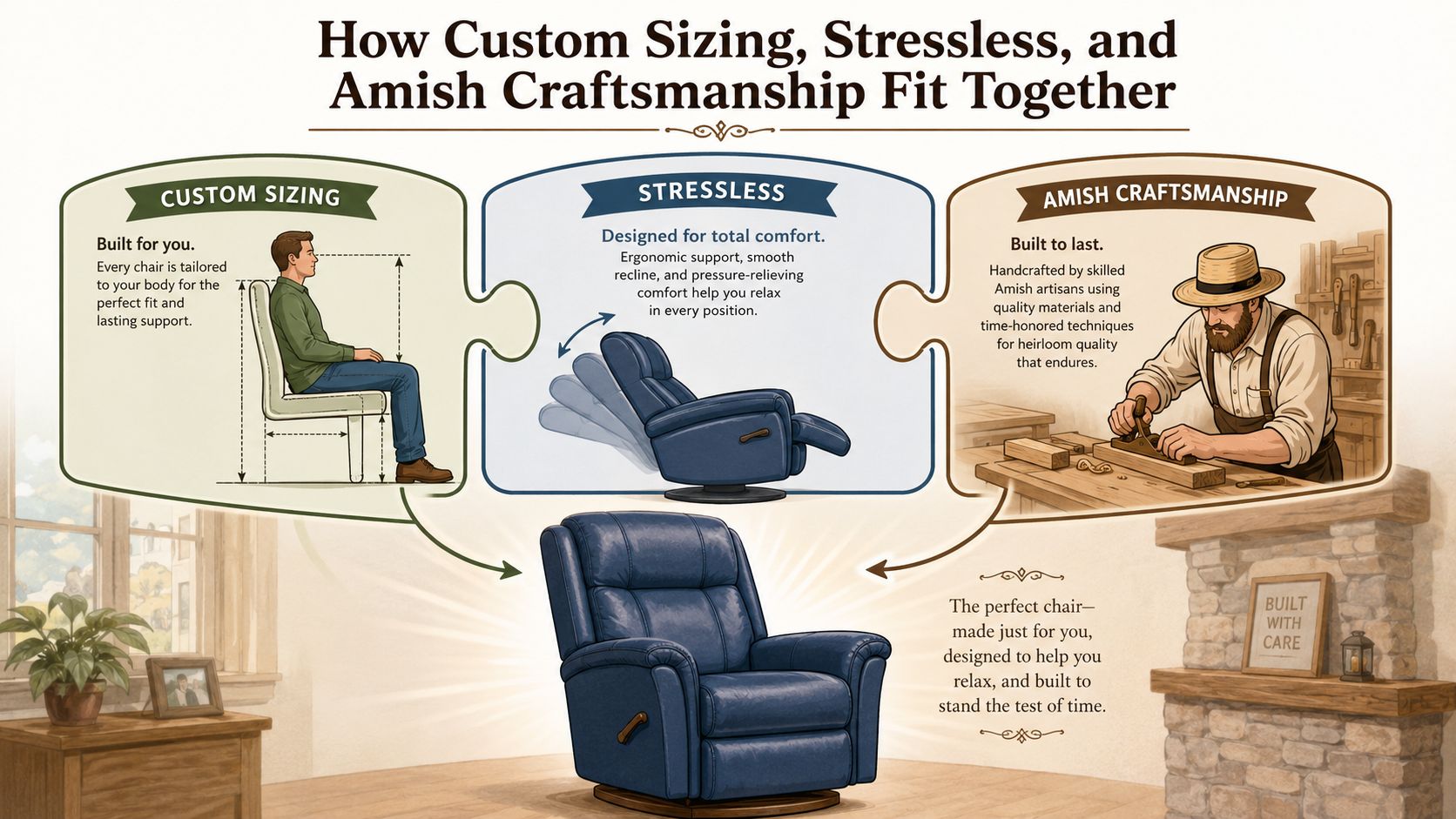 An infographic showing how custom sizing, stressless features, and Amish craftsmanship combine to create a perfect chair.
