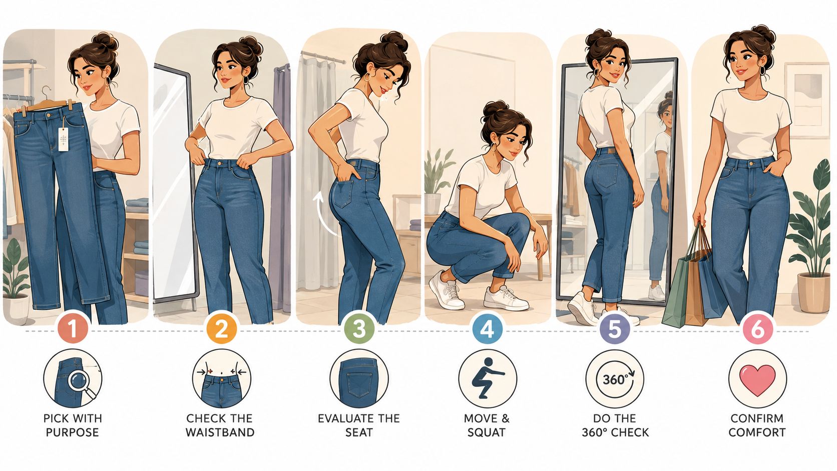 A step-by-step visual guide showing a woman demonstrating how to properly fit and choose the perfect pair of jeans.