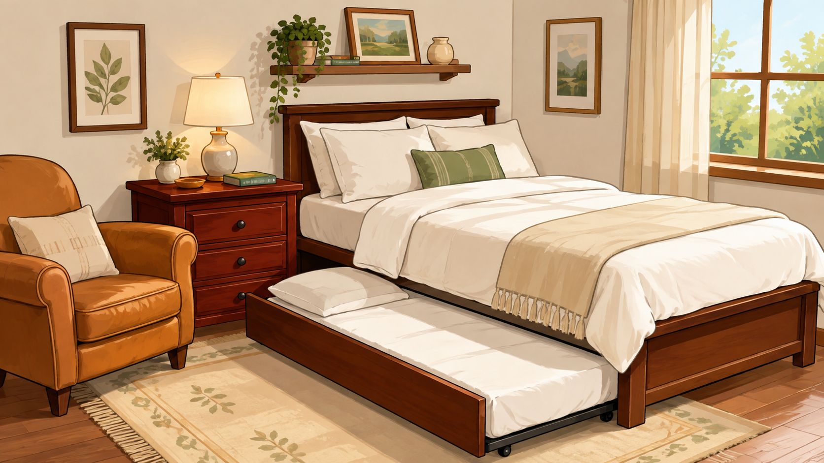 A cozy bedroom featuring a wooden bed frame with a pull-out trundle bed and a comfortable leather chair.