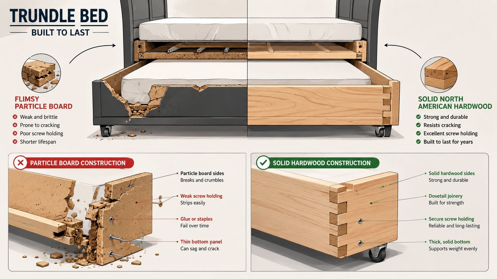 A comparison illustration showing a weak particle board trundle bed versus a durable solid hardwood trundle bed.