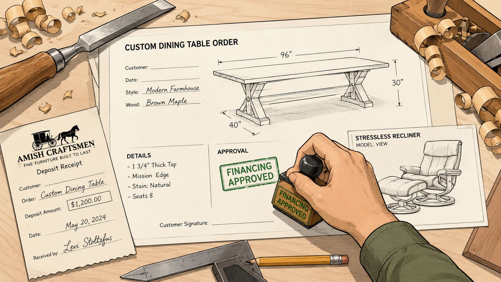 A craftsman's hands stamping a financing approval on a custom dining table order form near furniture sketches.