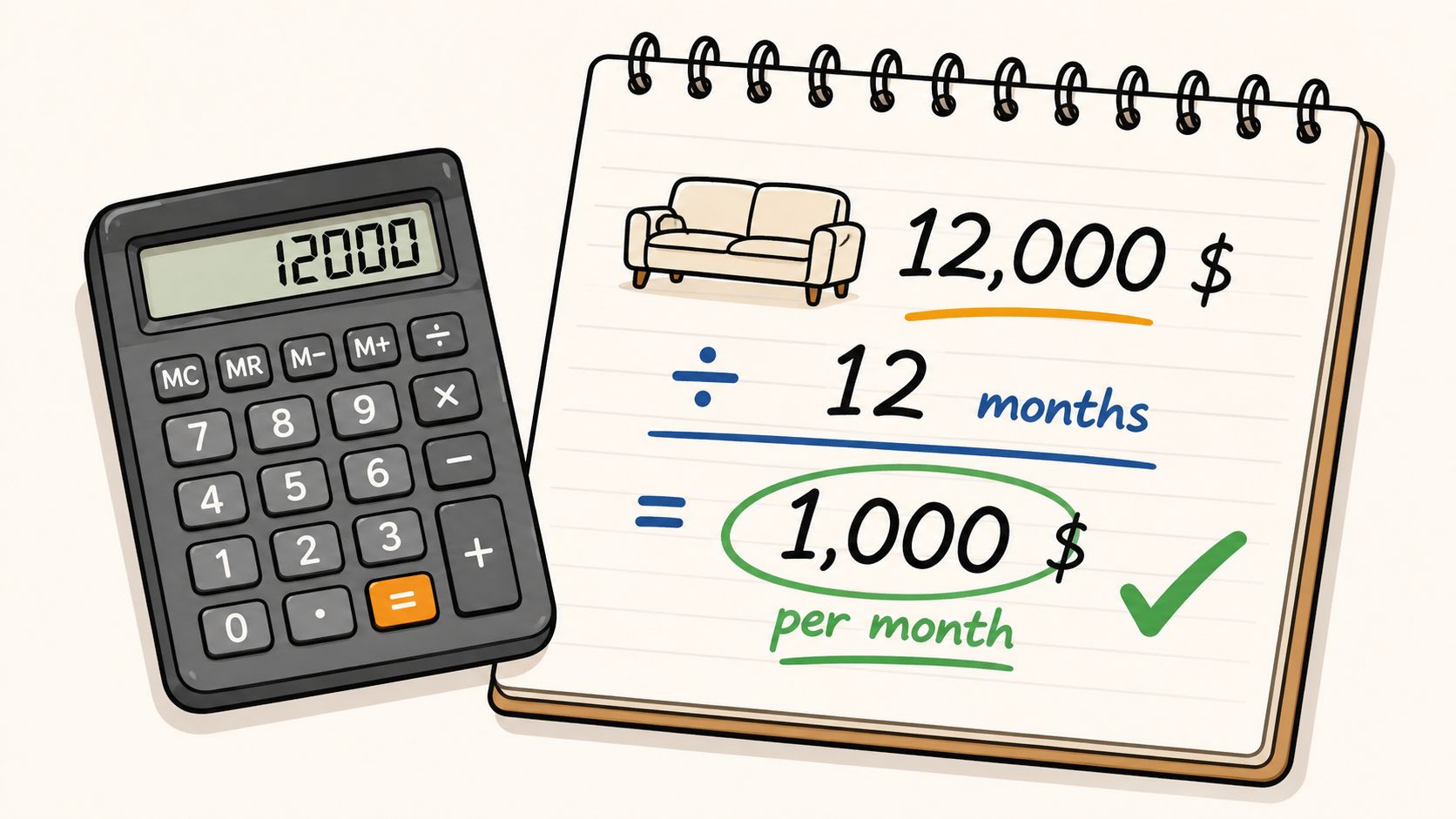 A calculator displaying 12000 next to a notebook showing a furniture financing calculation of 12000 dollars divided by 12 months.