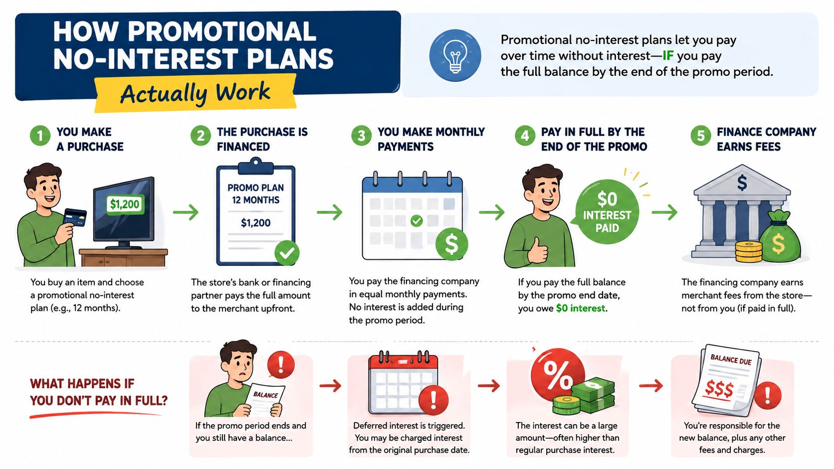 An infographic explaining how promotional no-interest financing plans work and the risks of not paying in full.