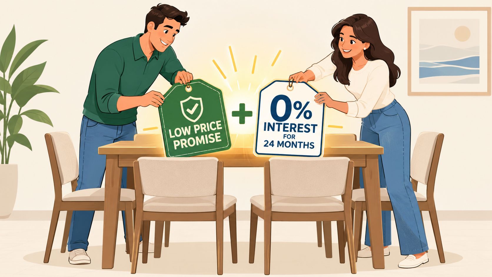 A couple standing behind a dining table holding signs for low price promise and interest free financing.