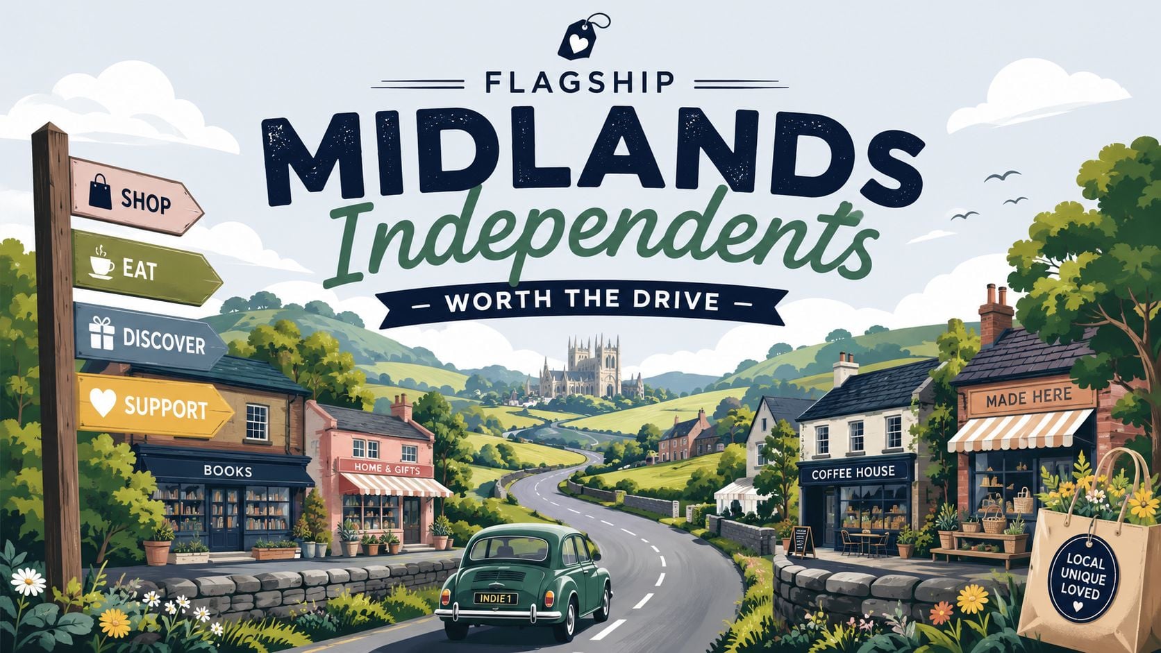 A scenic illustration of a country road leading to a village promoting independent businesses in the Midlands.