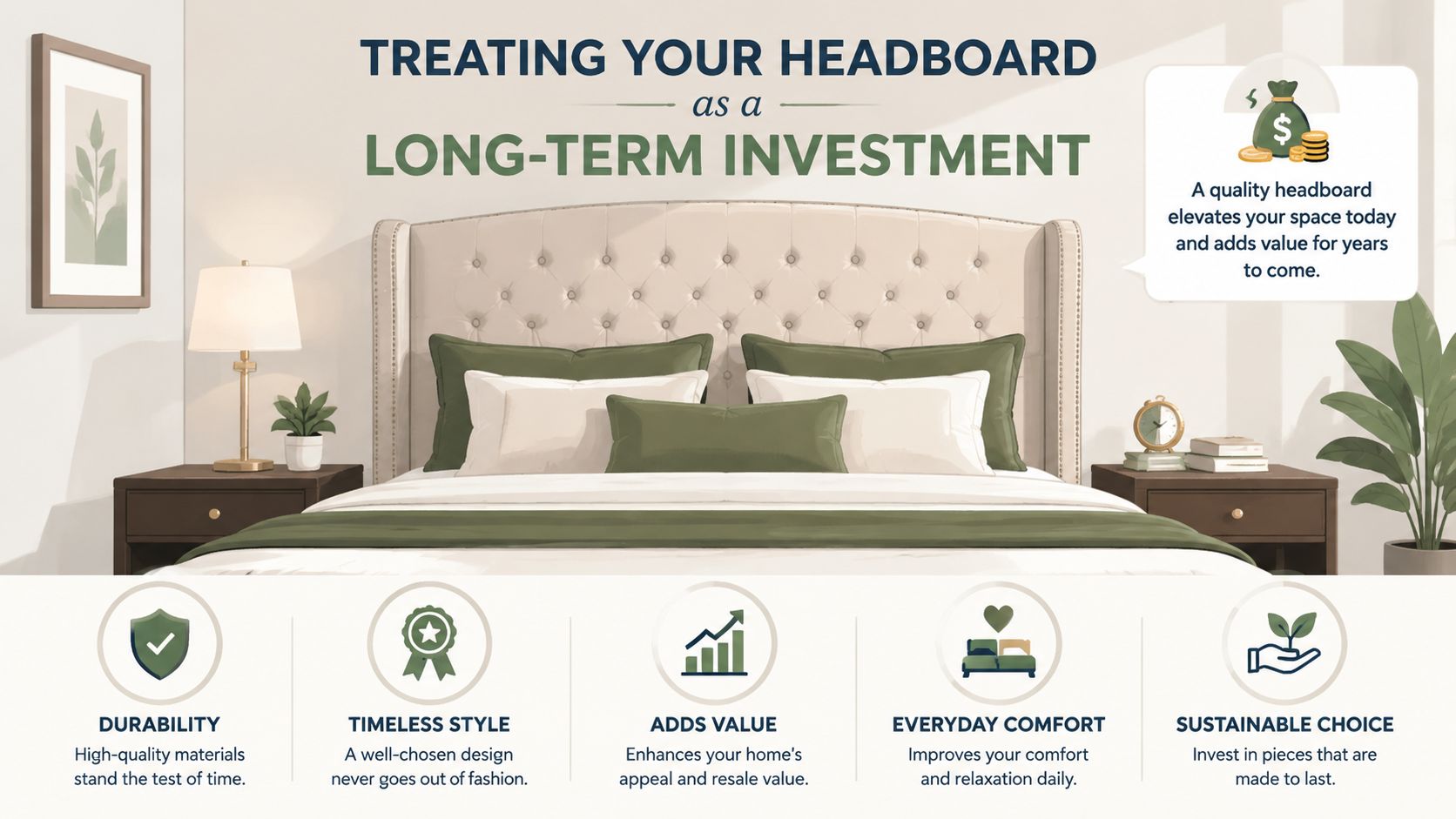 A luxurious tufted beige headboard in a beautifully decorated bedroom, highlighting long-term investment benefits like durability and comfort.