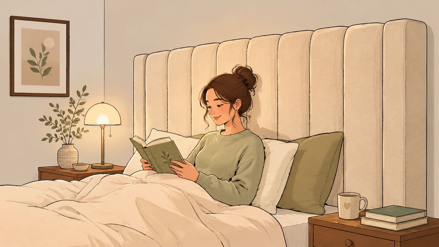 A woman with a hair bun reading a book in a cozy bed with a vertical upholstered headboard.