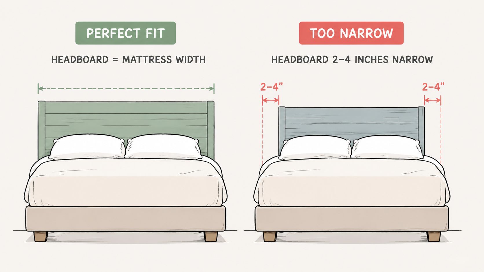 A diagram comparing a perfect fit headboard with a too narrow headboard relative to mattress width.