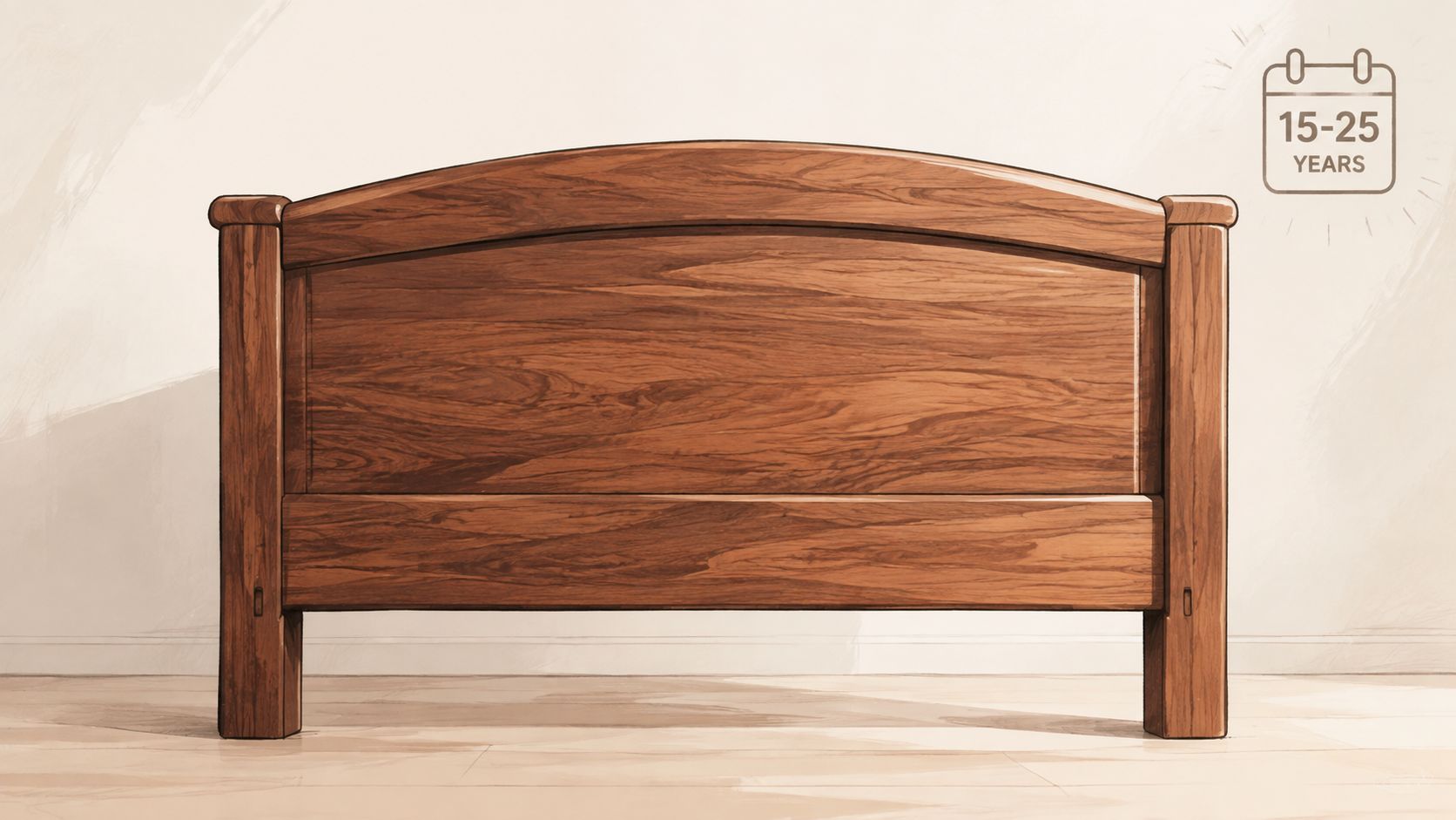 A classic wooden headboard with a curved top rail and natural grain, isolated against a simple background.