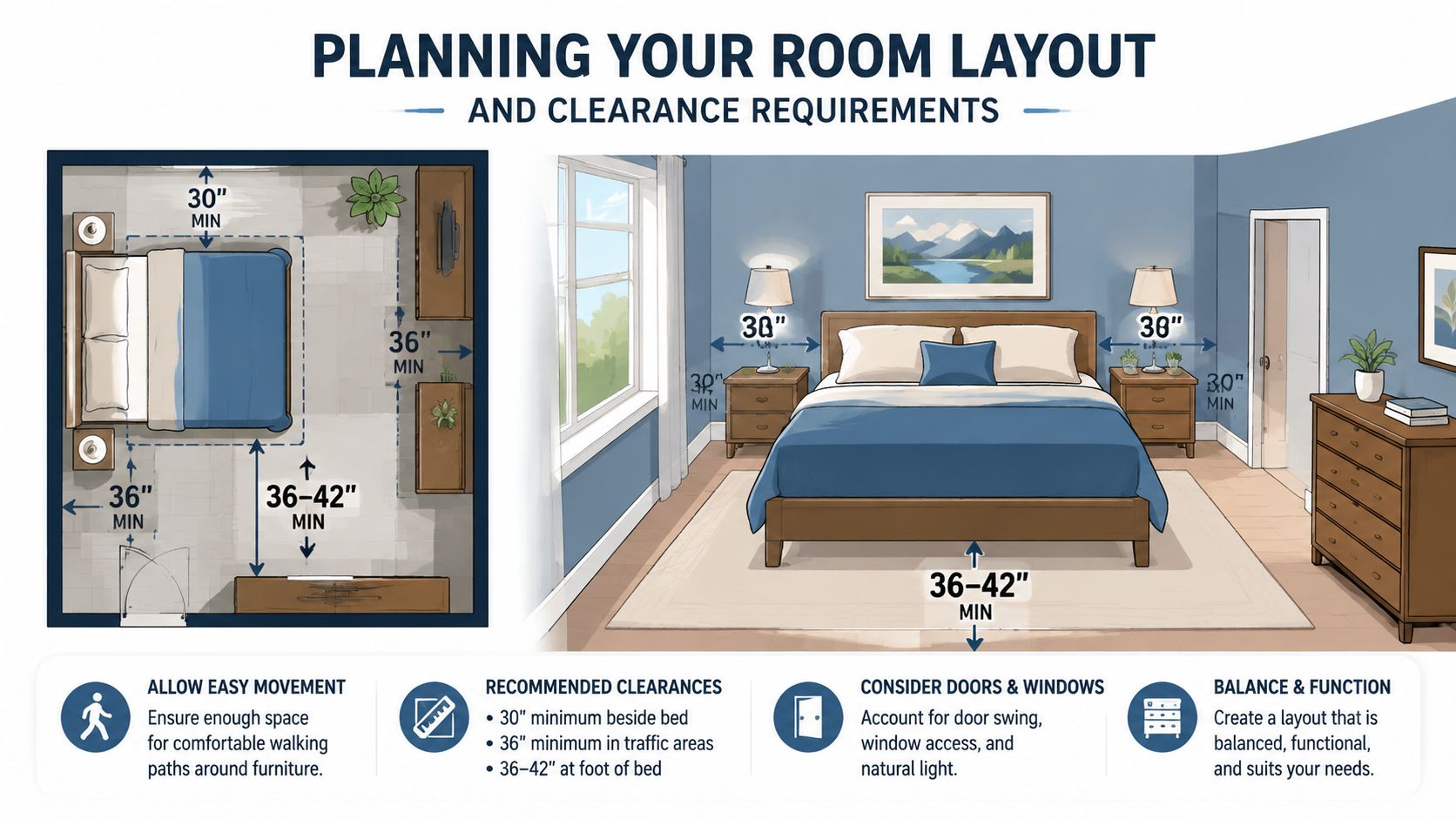 A diagram illustrating recommended clearance measurements for bedroom furniture layout to ensure comfortable movement and functional spaces.