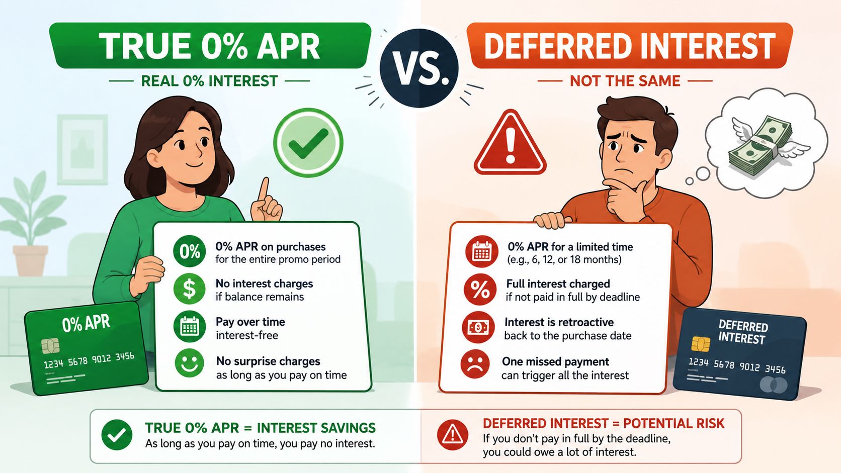 An infographic comparing true 0% APR financing with deferred interest credit card offers.