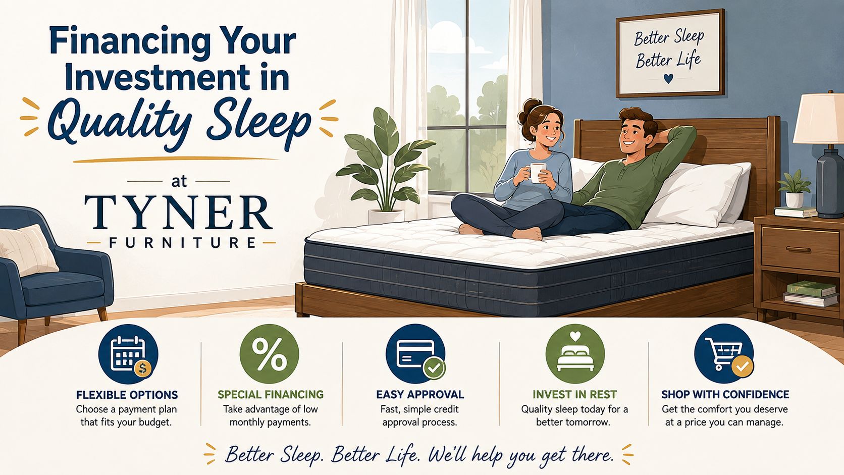 A couple relaxing on a mattress in a bedroom, promoting Tyner Furniture mattress financing options and benefits.