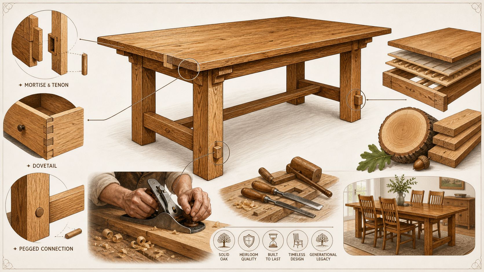 A detailed technical illustration showcasing the woodworking craftsmanship of solid oak dining tables with various joinery techniques.