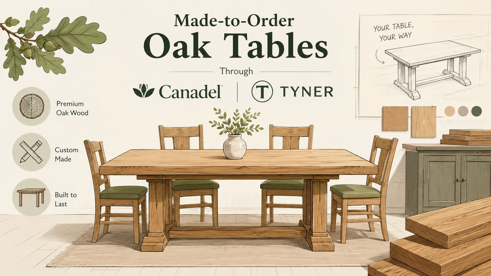 An illustration showcasing premium custom-made oak wood dining tables from Canadel and Tyner featuring rustic design elements.