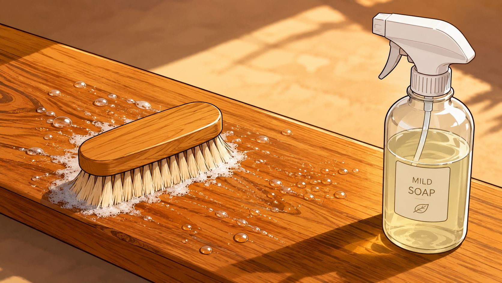 A wooden scrubbing brush and a spray bottle of mild soap cleaning a wooden surface outdoors.