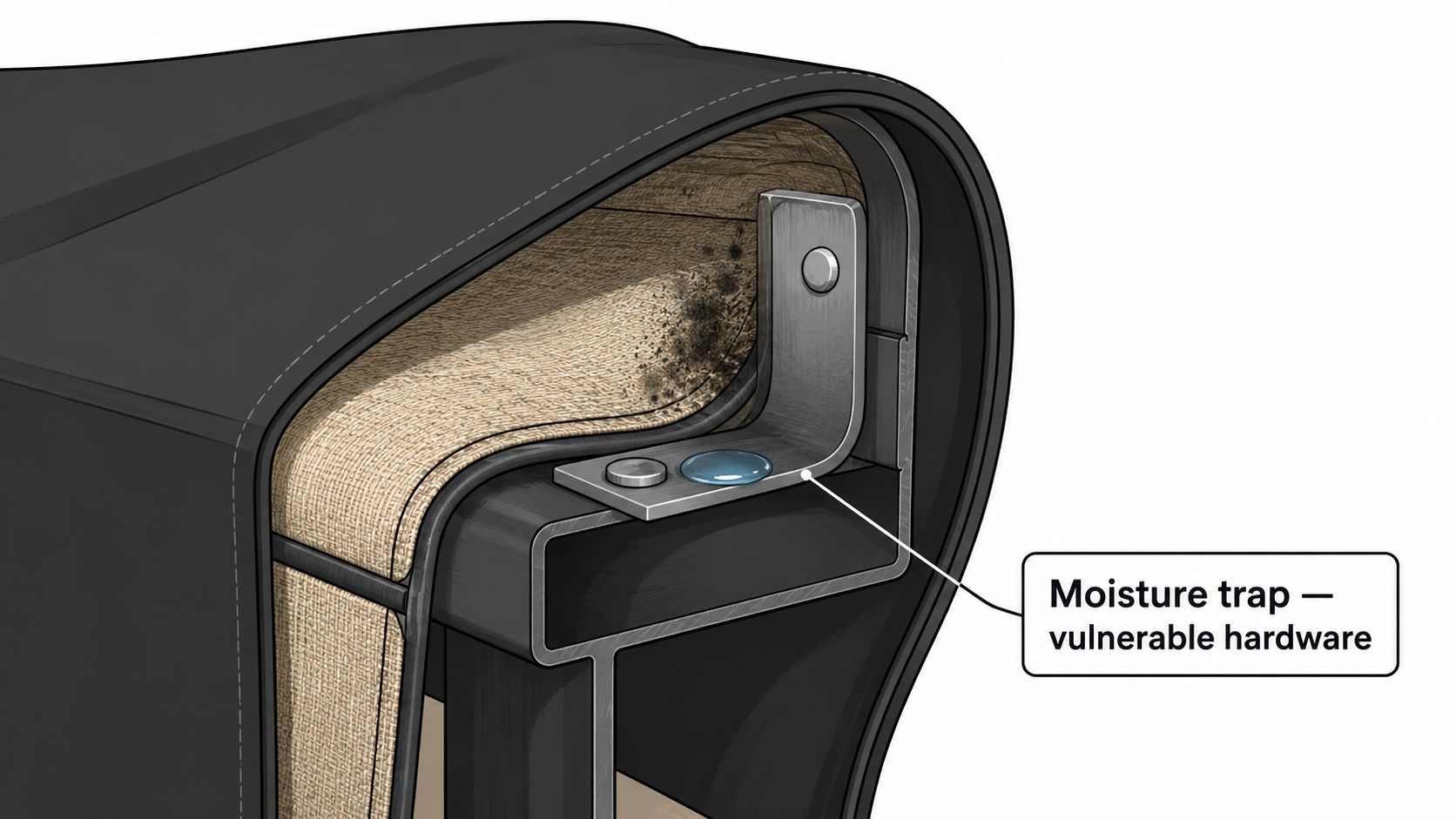 A cross-section illustration showing water pooling on metal patio furniture hardware, creating a potential moisture trap.