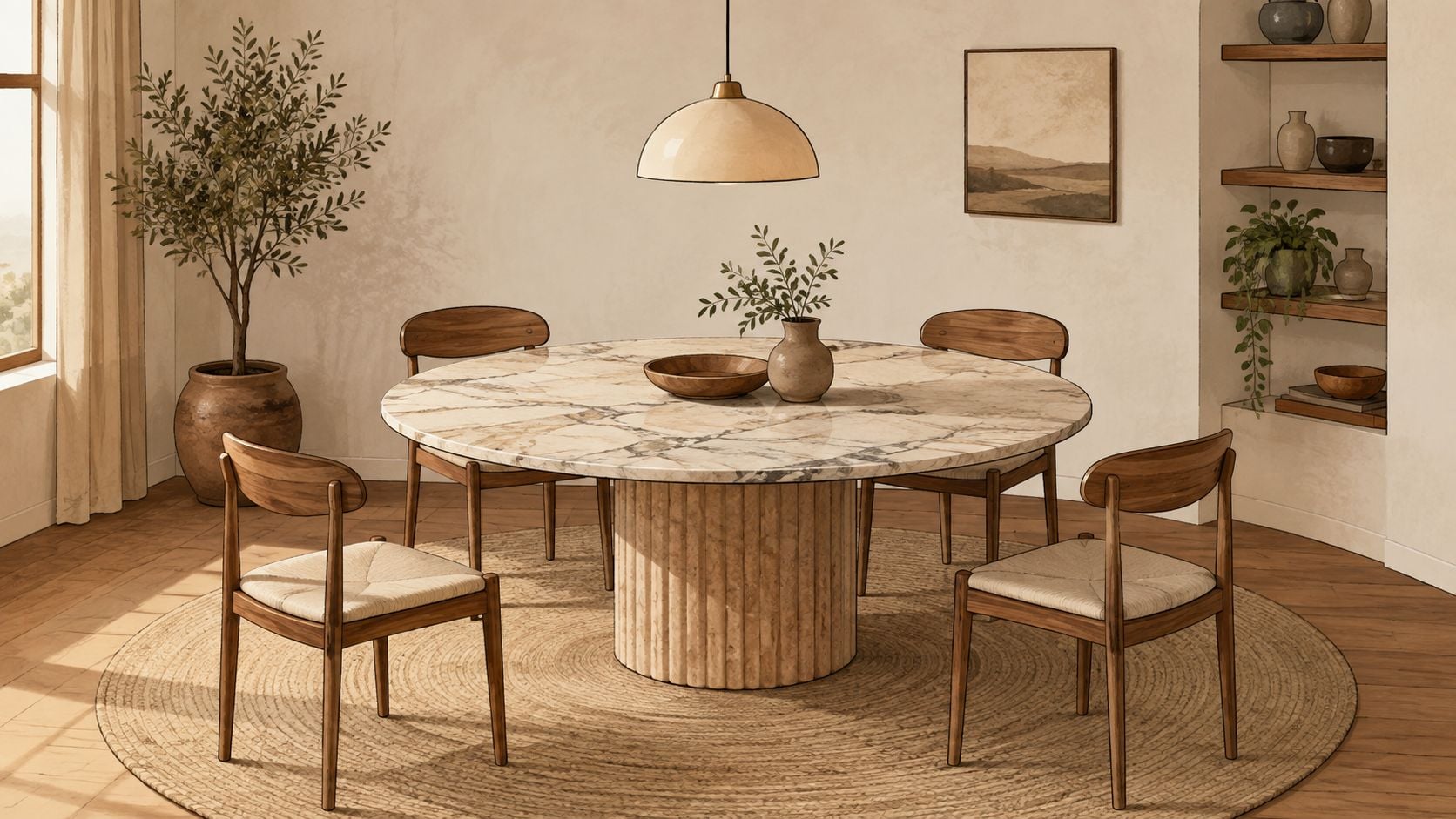 A modern round stone dining table with wooden chairs in a bright minimalist dining room interior.