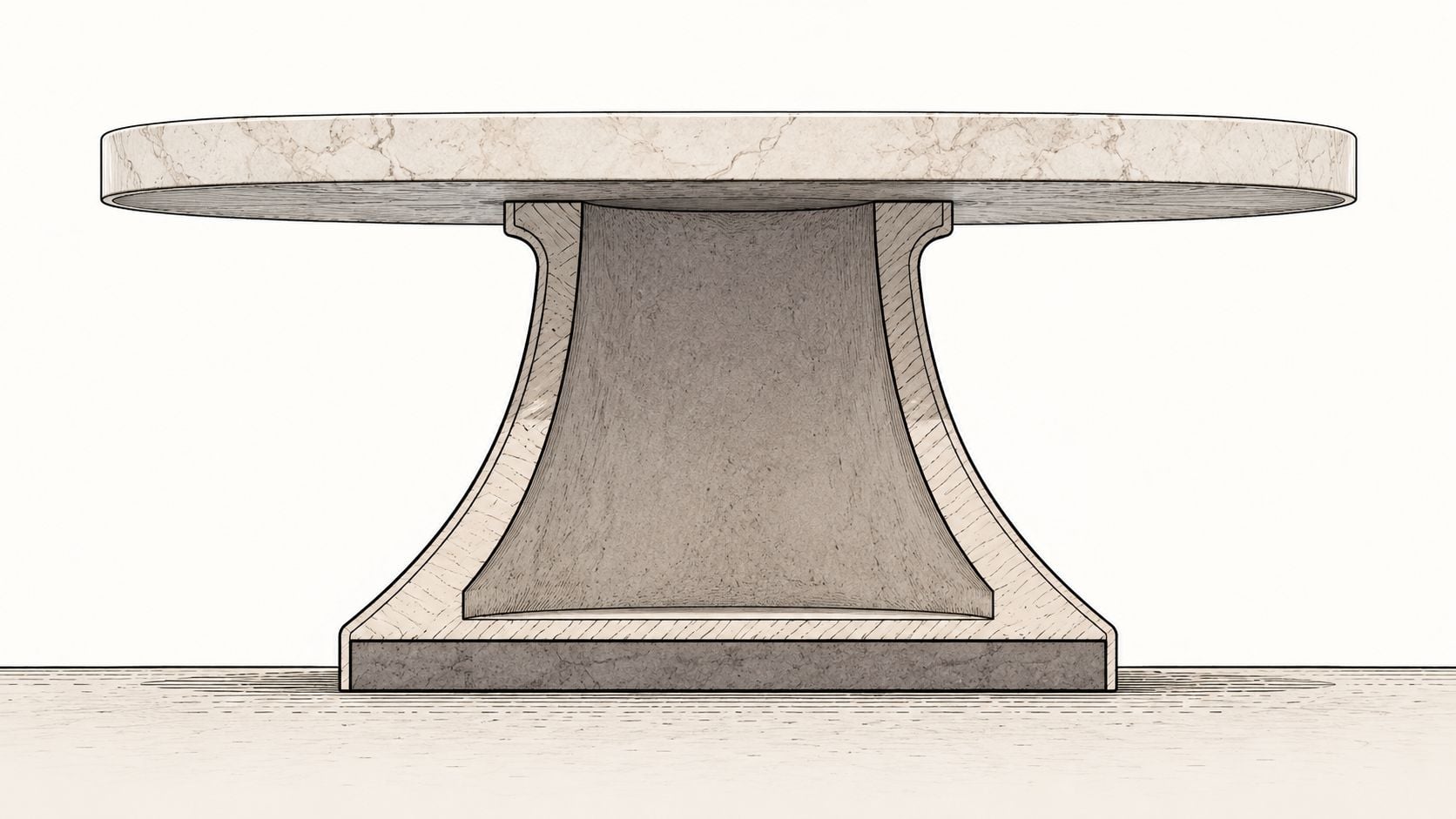 A modern round stone dining table with a unique curved pedestal base on a light floor.