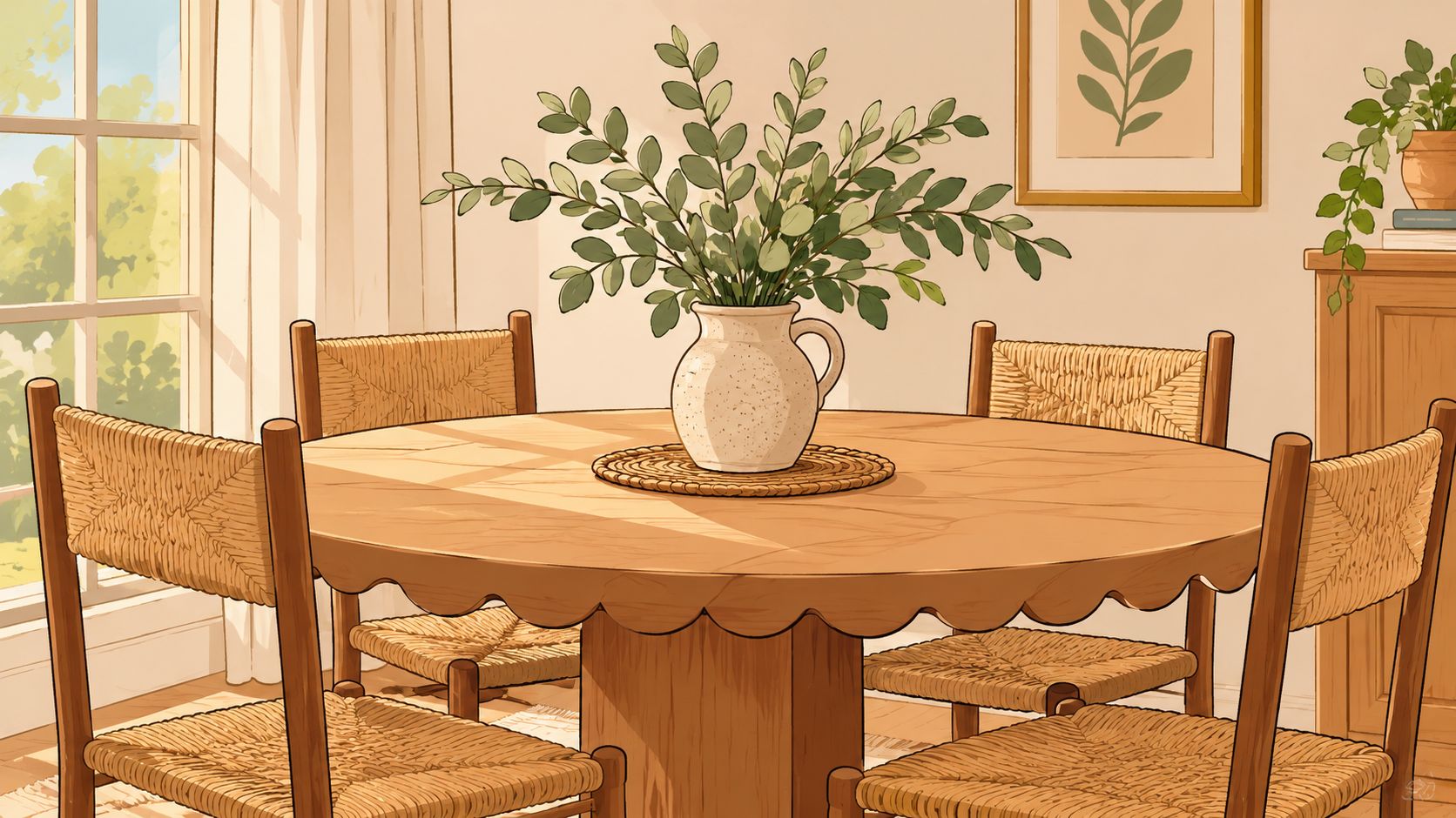 A cozy dining room featuring a round wooden scalloped edge table with woven chairs and greenery.