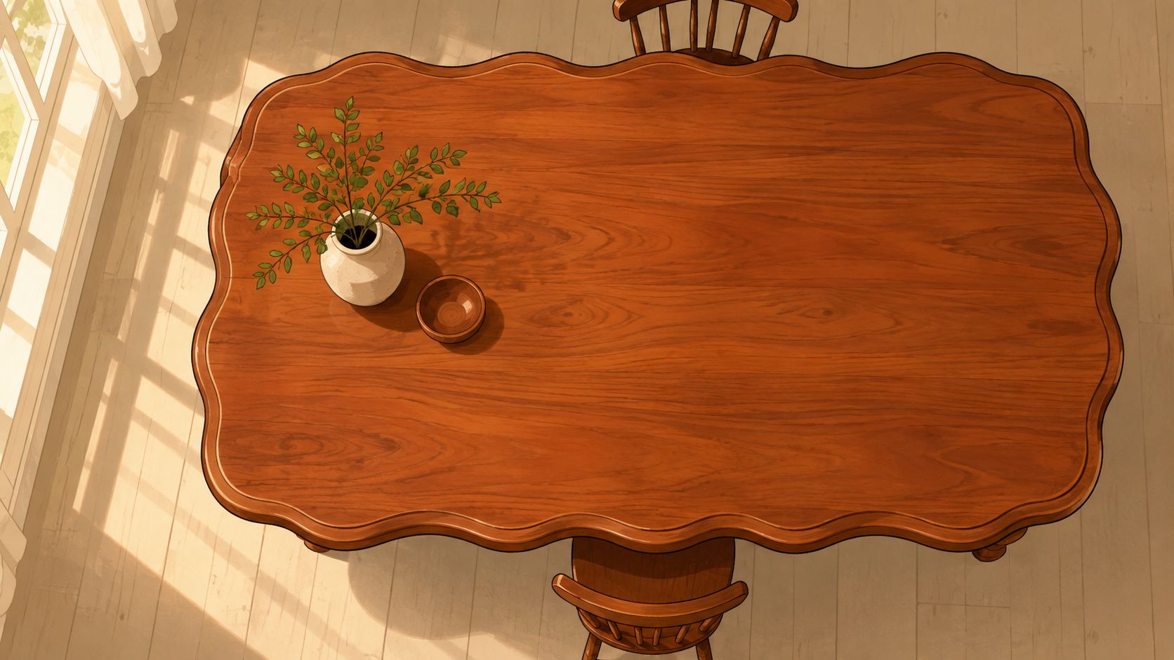A top-down view of a scalloped edge dining table made of wood with a plant and bowl.